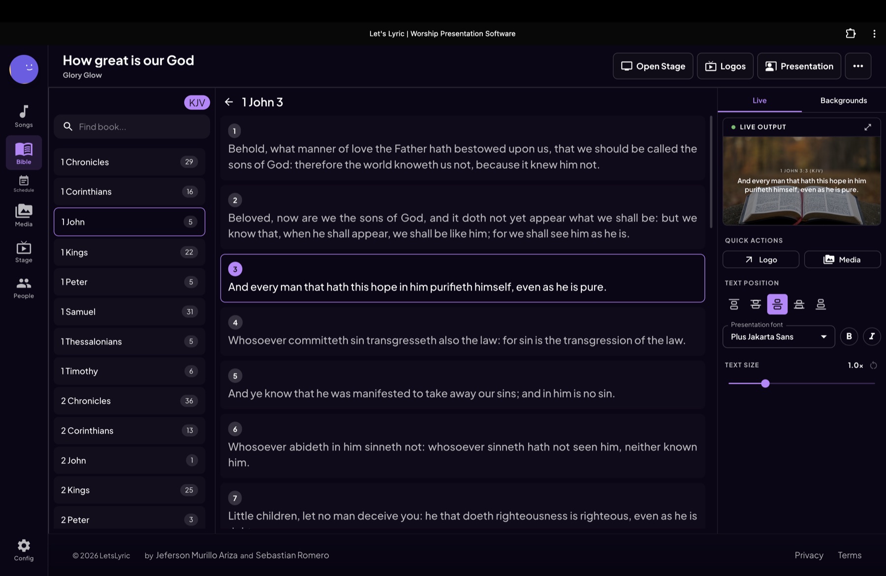 Bible browser with a passage ready for presentation