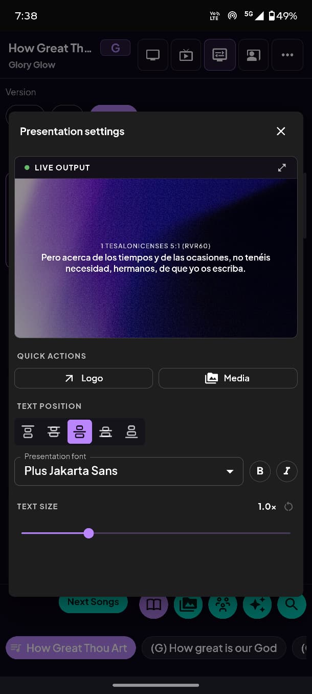 Mobile presentation settings with a live output preview