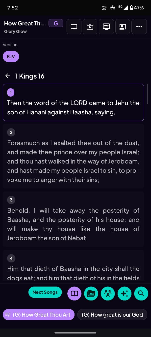Mobile room controls showing a Bible passage ready to present